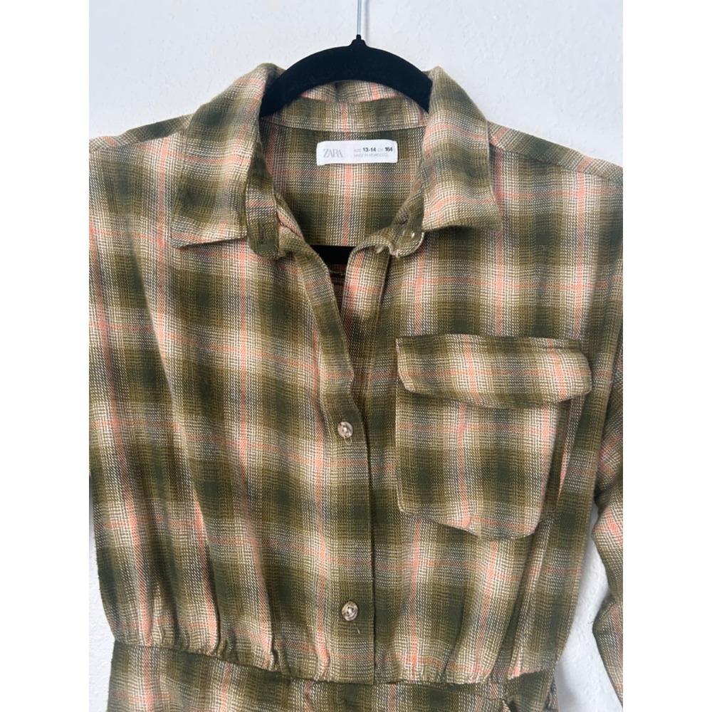 Zara Plaid Shirt Dress Size 13 Green Pink Ecru Tie Waist Detail Button Front - Picture 2 of 13